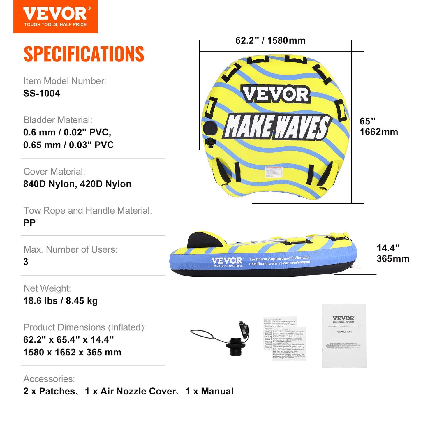 VEVOR Towable Tube for Boating, 1-3 Riders Inflatable Towable Tube with Bumper Fins,