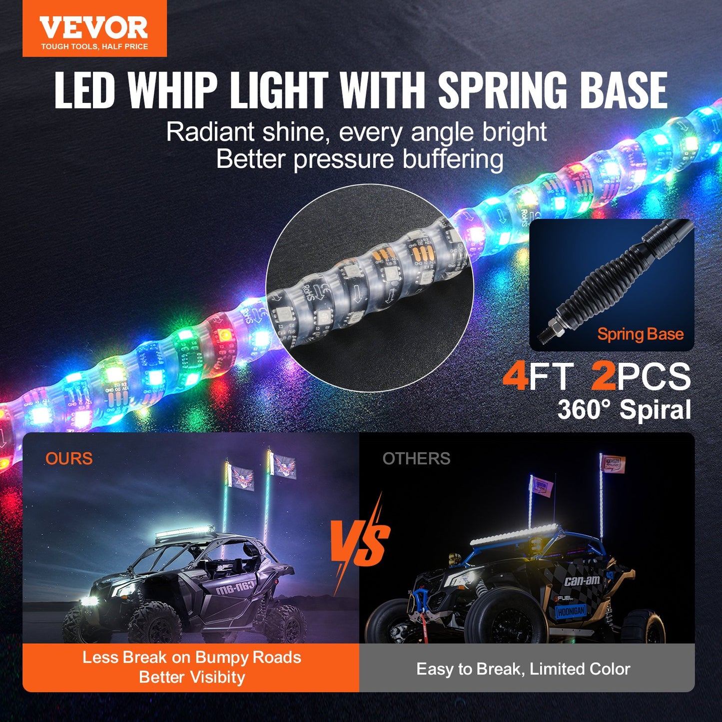 VEVOR 2 PCS 4 FT Whip Light with Spring Base, Led Whip Light with APP & Remote Control,
