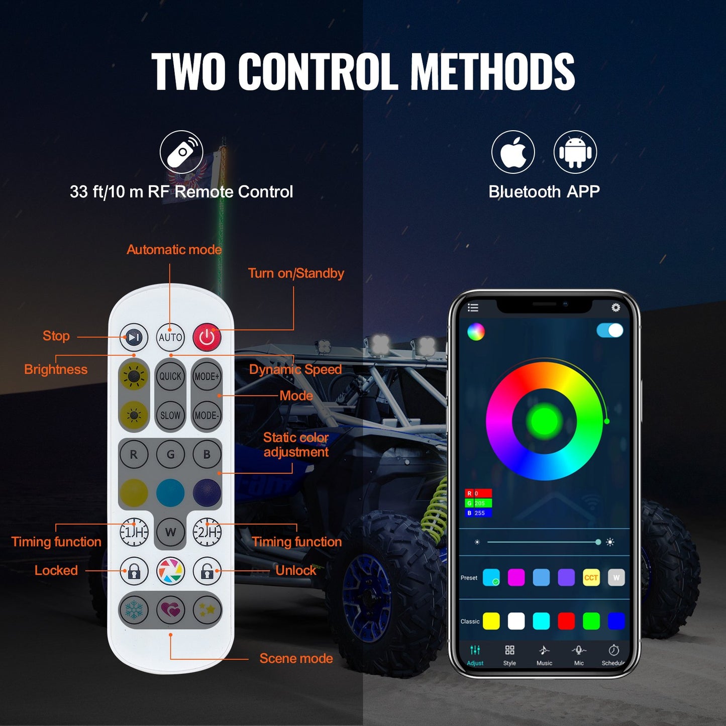 VEVOR 2 PCS 4 FT Whip Light with Spring Base, Led Whip Light with APP & Remote Control,
