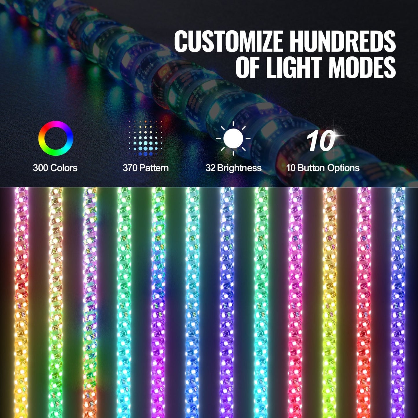 Dual 1.2m Spiral RGB LED Whip Lights with Remote & App Control, Waterproof IP67