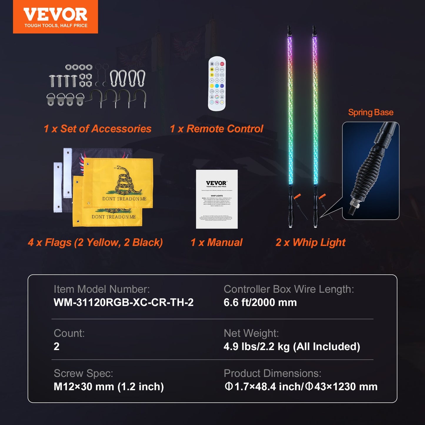 VEVOR 2 PCS 4 FT Whip Light with Spring Base, Led Whip Light with APP & Remote Control,