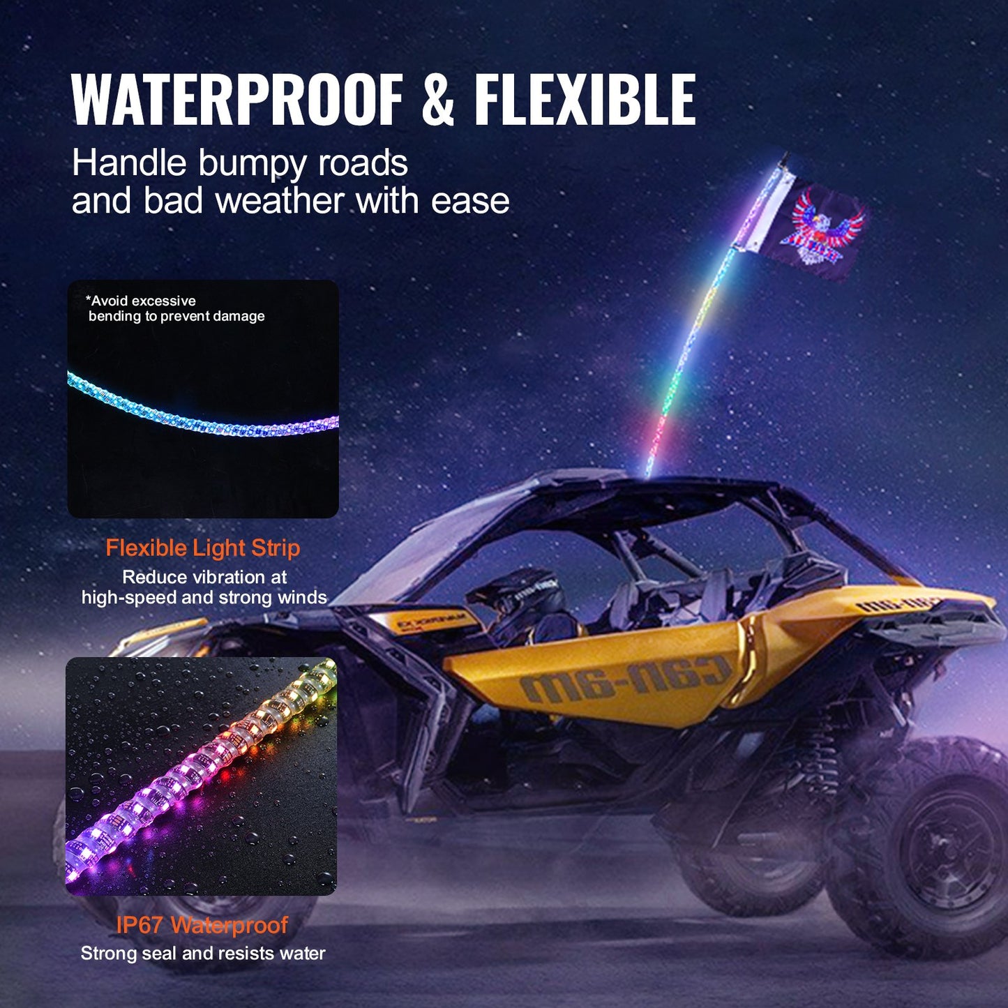 VEVOR 1 PC 4 FT Whip Light, APP & RF Remote Control Led Whip Light, Waterproof 360°Spiral
