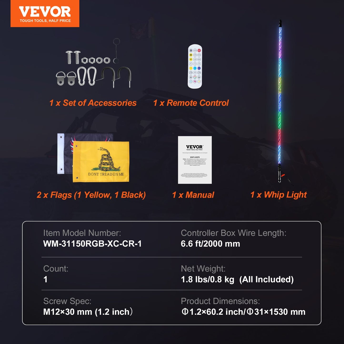VEVOR 1 PC 5 FT Whip Light, APP & RF Remote Control Led Whip Light, Waterproof 360°Spiral