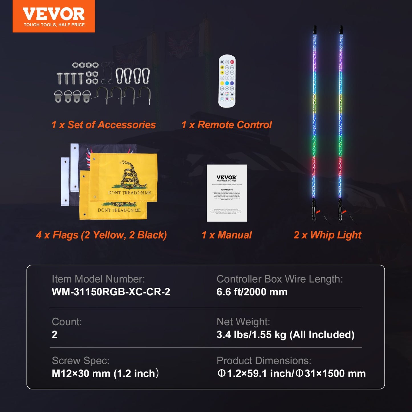 VEVOR 2 PCS 5 FT Whip Light, APP & RF Remote Control Led Whip Light, Waterproof