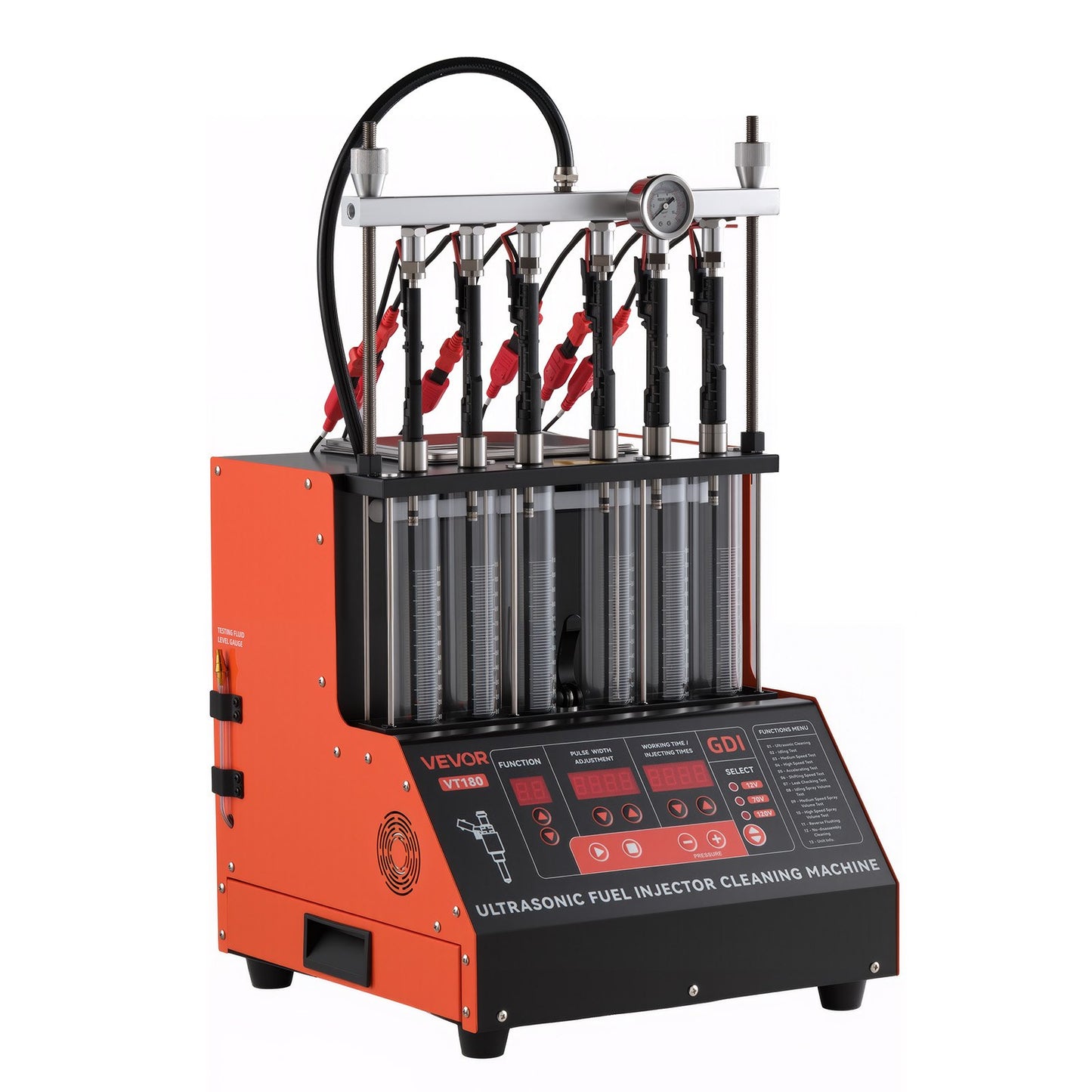 Fuel Injector Cleaner Tester, 9 Test Modes, 6-Cylinder 28kHz Ultrasonic Cleaning Machine Adjustable 12V/70V/120V for EFI/FSI/GDI, Injector Cleaner Machine with Drain Valve for Car & Motorcycle