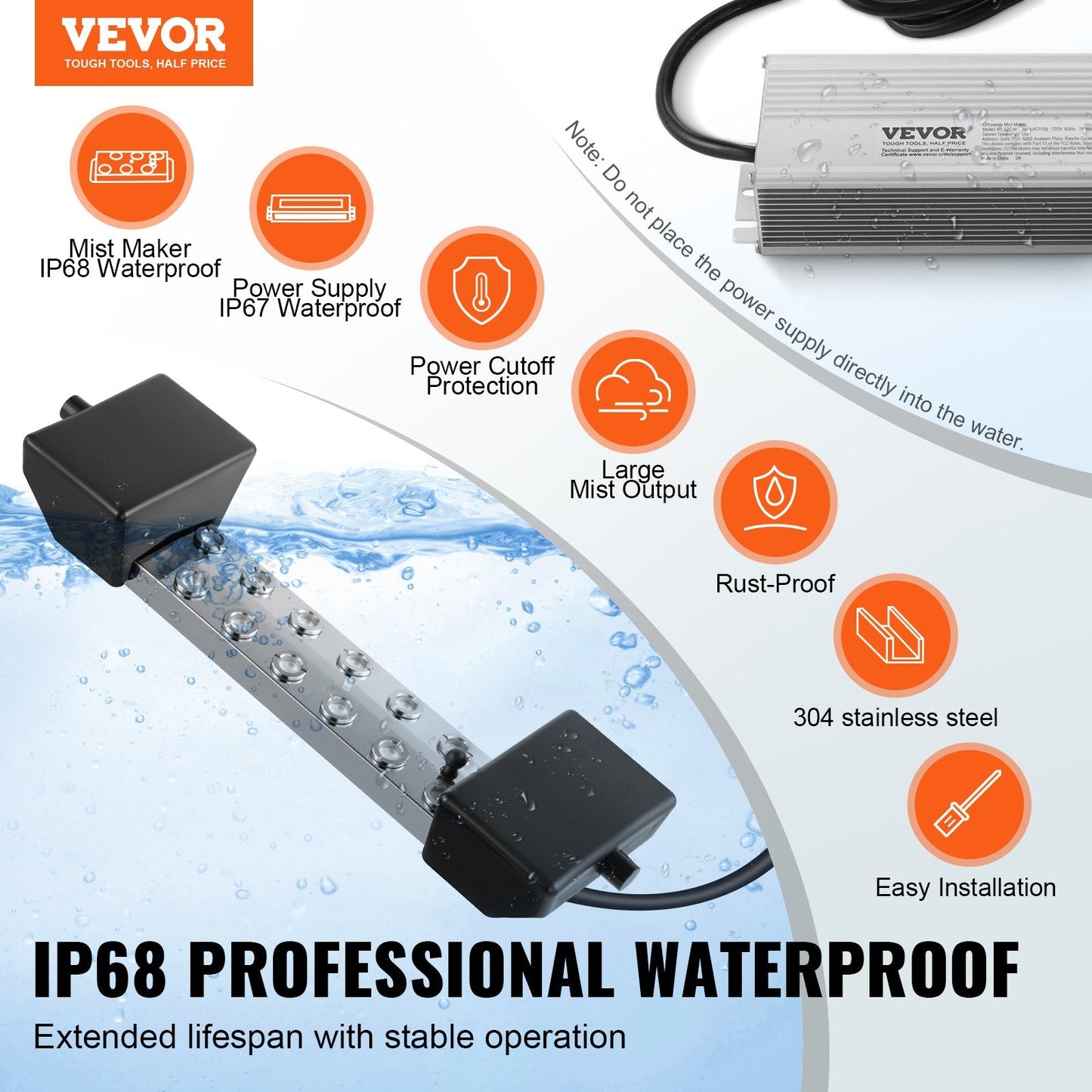12-Head Ultrasonic Fogger, 9L/H, IP67 Waterproof, Stainless Steel, 2.8kg