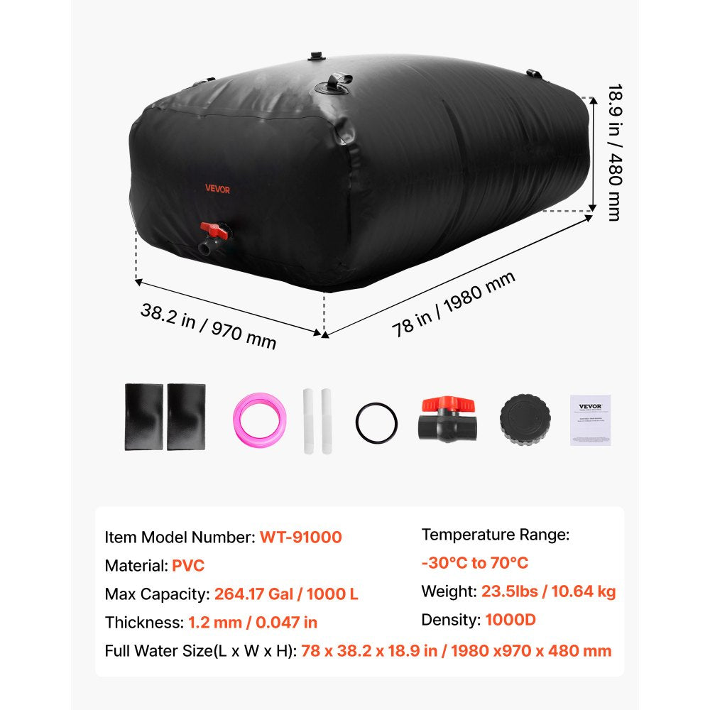 Water Storage Bladder 1000L PVC Collapsible Portable Water Tank Black