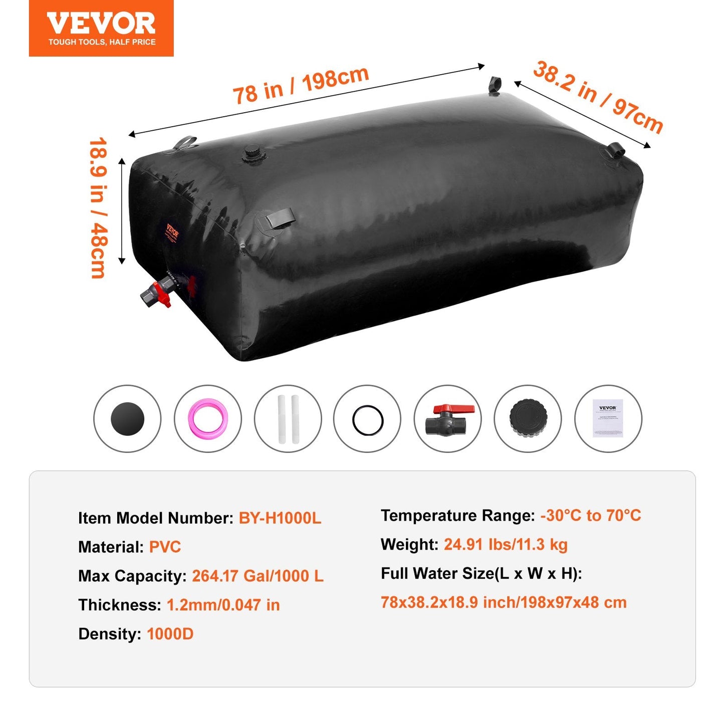 Collapsible PVC Water Storage Bladder, 1000L Capacity, Black, 198x97x48 cm