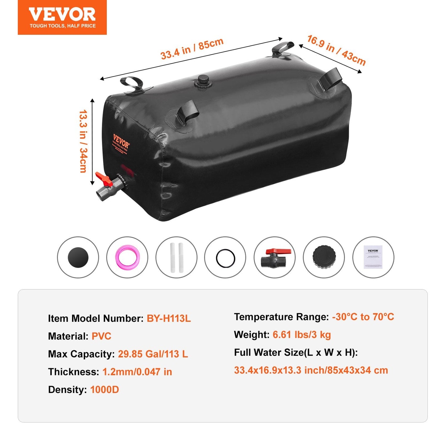 Portable 113L PVC Water Storage Bladder, Leak-Resistant, Collapsible Design