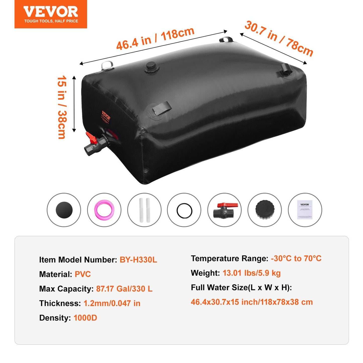 Collapsible 330L PVC Water Tank, Portable Storage Bladder, Black, 5.9 kg