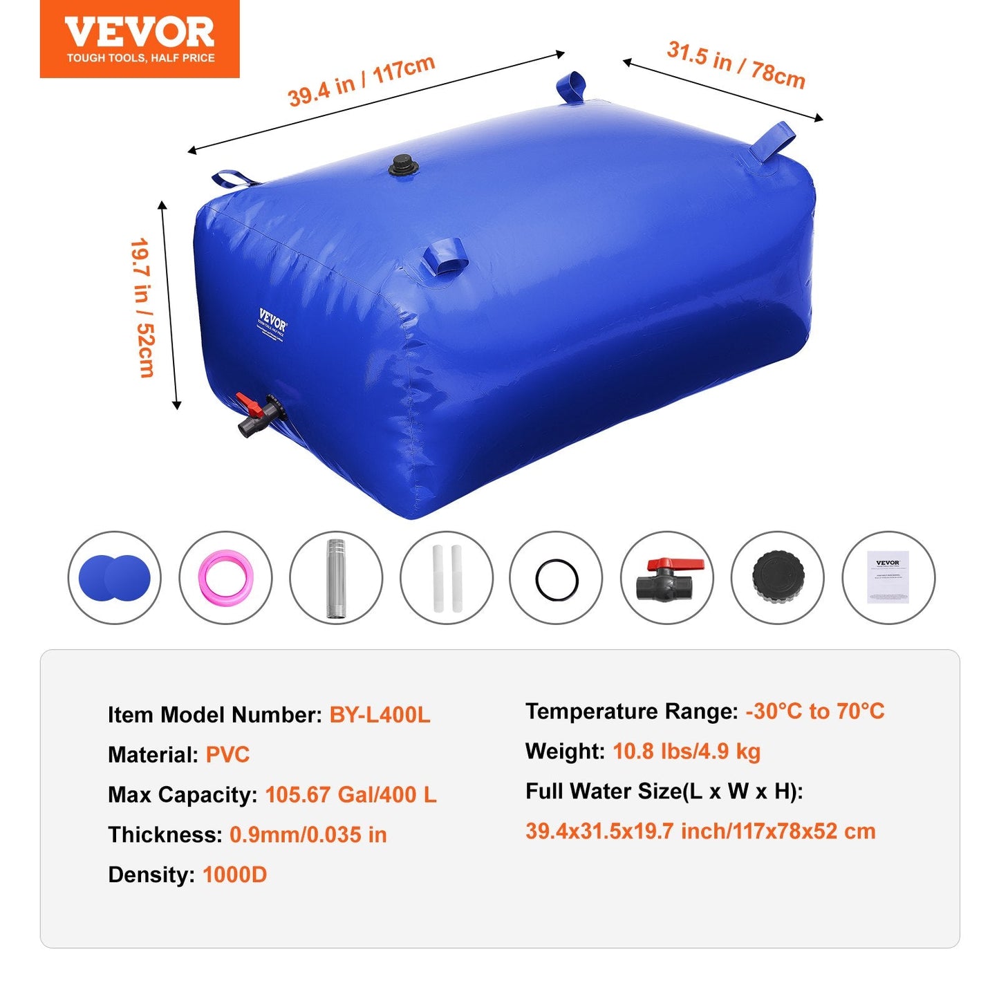 Collapsible 400L PVC Water Storage Bladder Tank, Durable & Leak-Proof Design