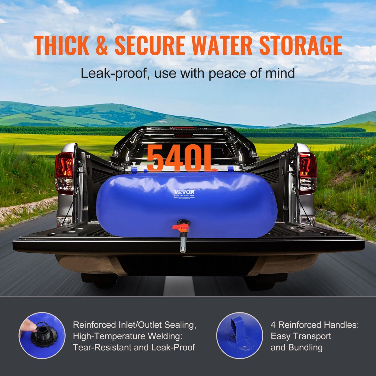 VEVOR Portable Water Storage Bladder 540L 1000D PVC Collapsible Water Tank