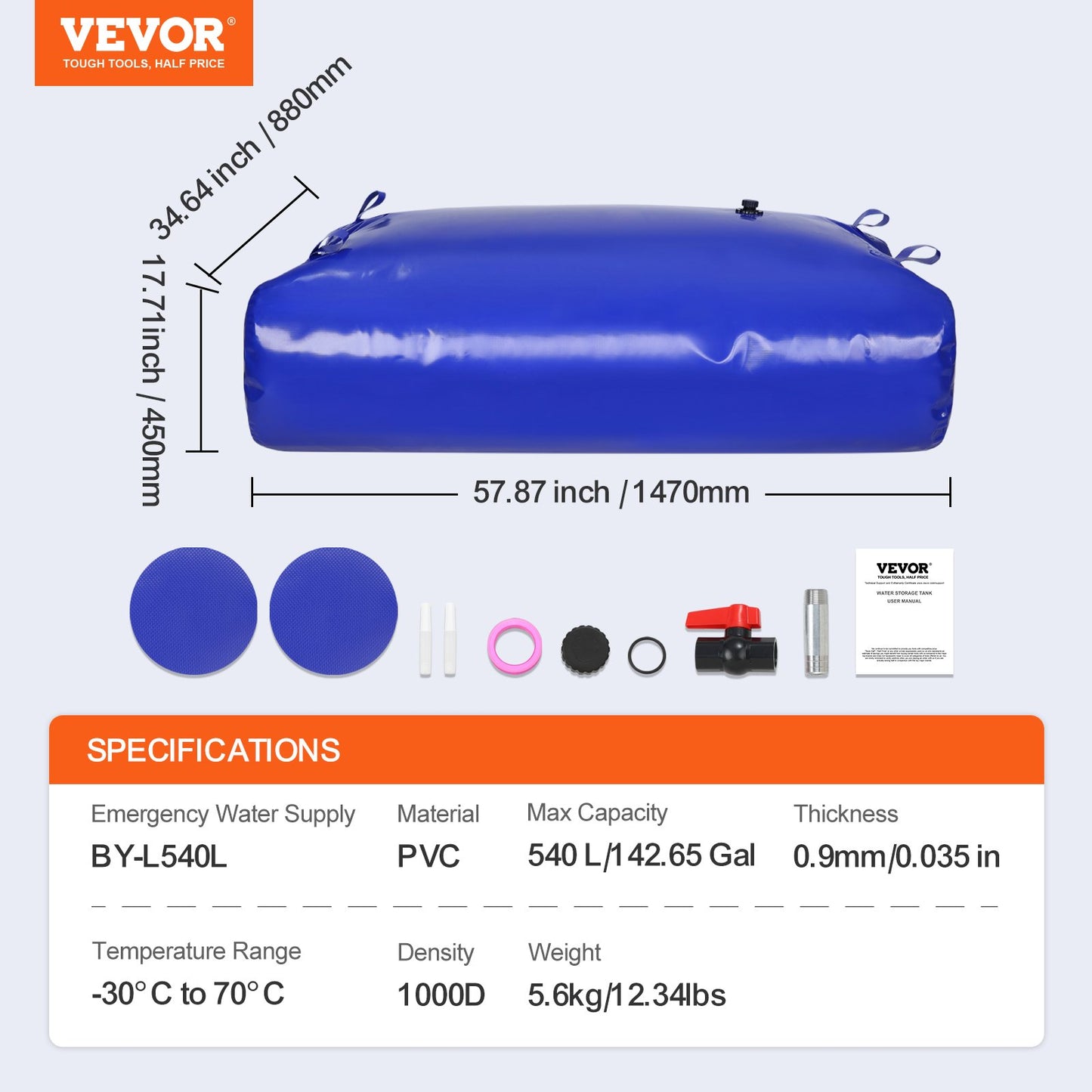 VEVOR Portable Water Storage Bladder 540L 1000D PVC Collapsible Water Tank