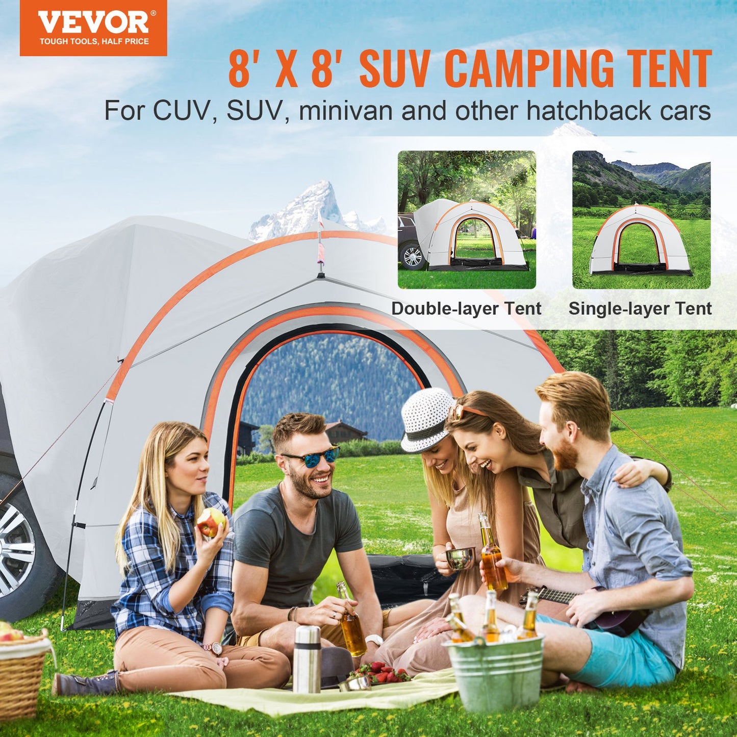 VEVOR SUV Camping Tent, 8'-8' SUV Tent Attachment for Camping with Rain Layer and