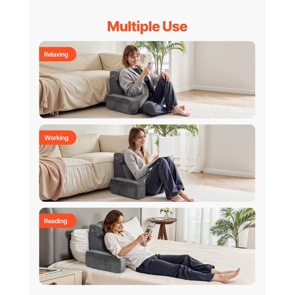 VEVOR Reading Pillow Backrest Support Pillow with Removable & 3 Pockets Headrest