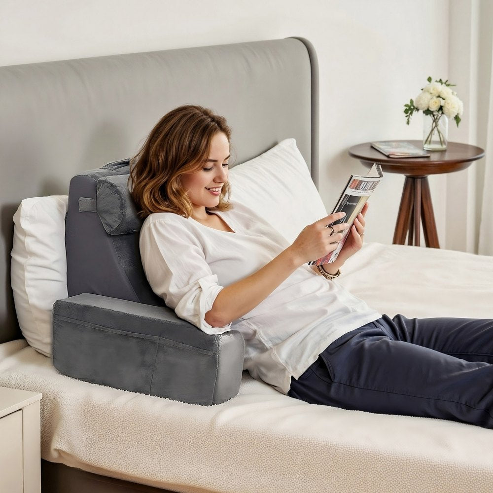 VEVOR Reading Pillow Backrest Support Pillow with Removable & 3 Pockets Headrest