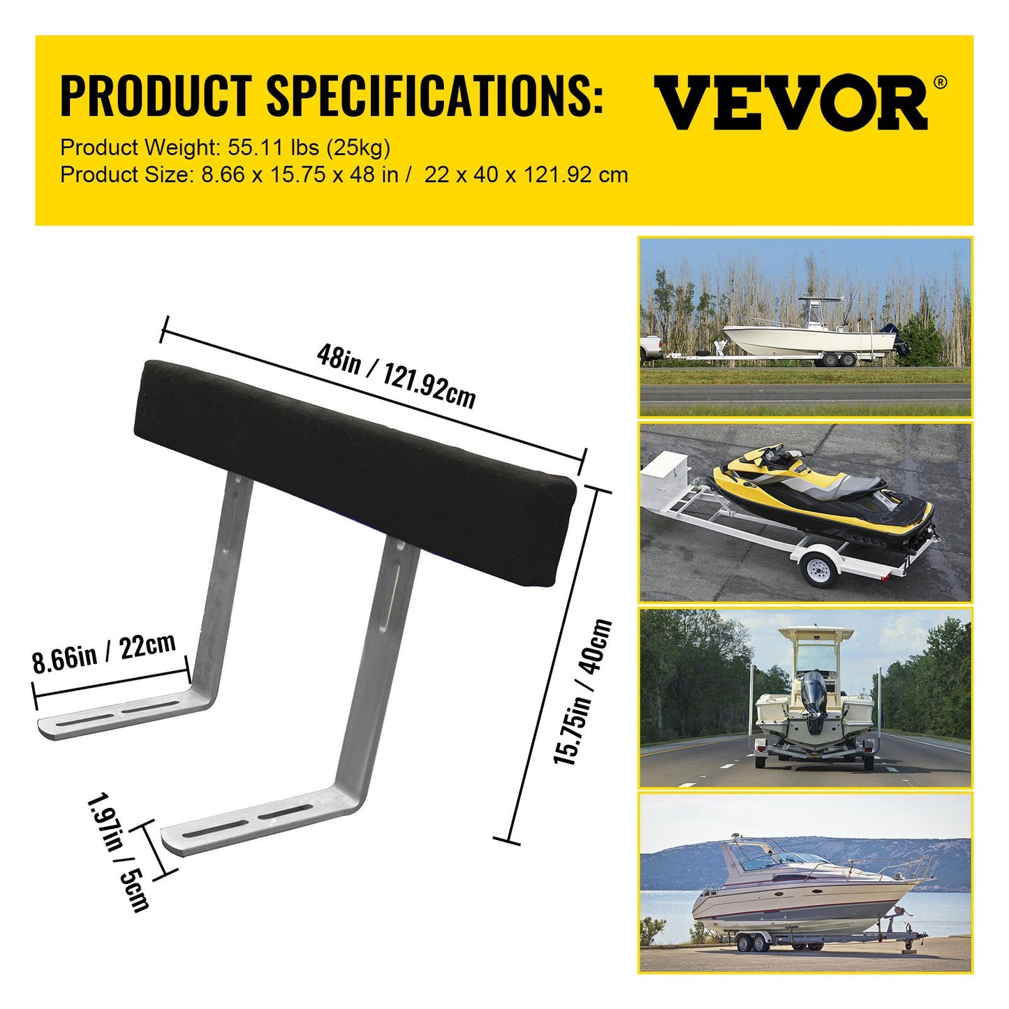 VEVOR Boat Trailer Guide-ons, 1219 mm, 2 PCS Rustproof Steel Trailer Guide ons,