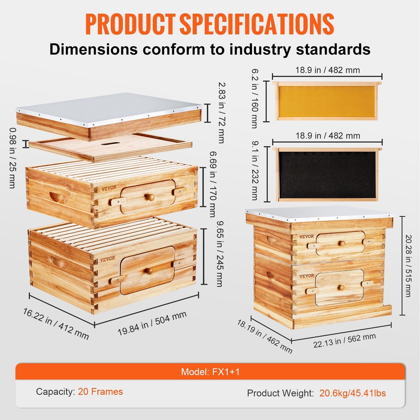 Cedar Wood Beehive Kit with 20 Frames, Wax Coated, for Beginners & Pros