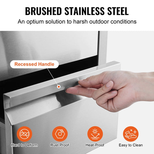 Flush-mount BBQ island drawers with brushed stainless steel, smooth rails, and secure enclosed storage