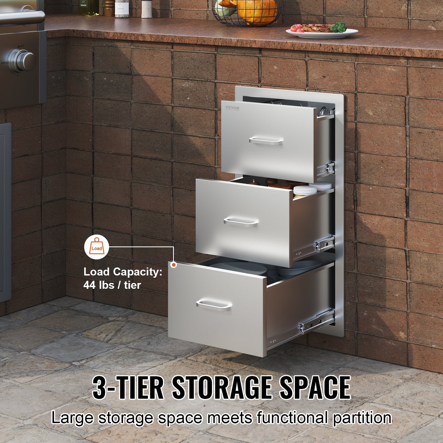 VEVOR Outdoor Kitchen Drawers 16" W x 28.5" H x 20.5" D, Flush Mount Triple Access