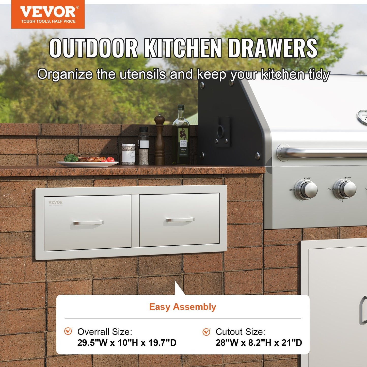 Stainless Steel Outdoor BBQ Kitchen Drawers - 0.76m W x 0.25m H x 0.50m D