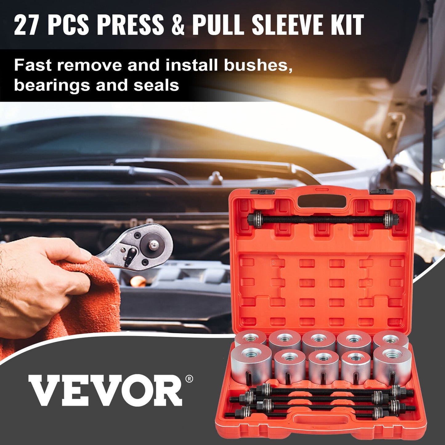 VEVOR Press and Pull Sleeve Kit Bush Bearing Removal Kit 27PCS 45# Steel & Case