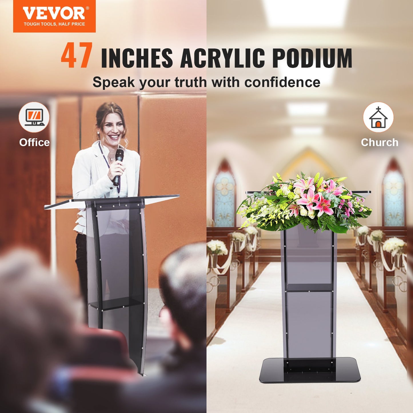 VEVOR Acrylic Podium, 47" Tall, Acrylic Podium Stand with Wide Reading Surface &