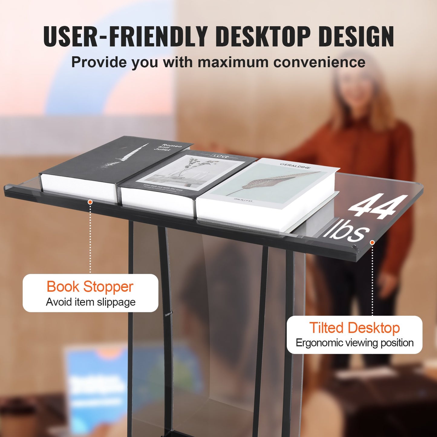 VEVOR Acrylic Podium, 47" Tall, Acrylic Podium Stand with Wide Reading Surface &