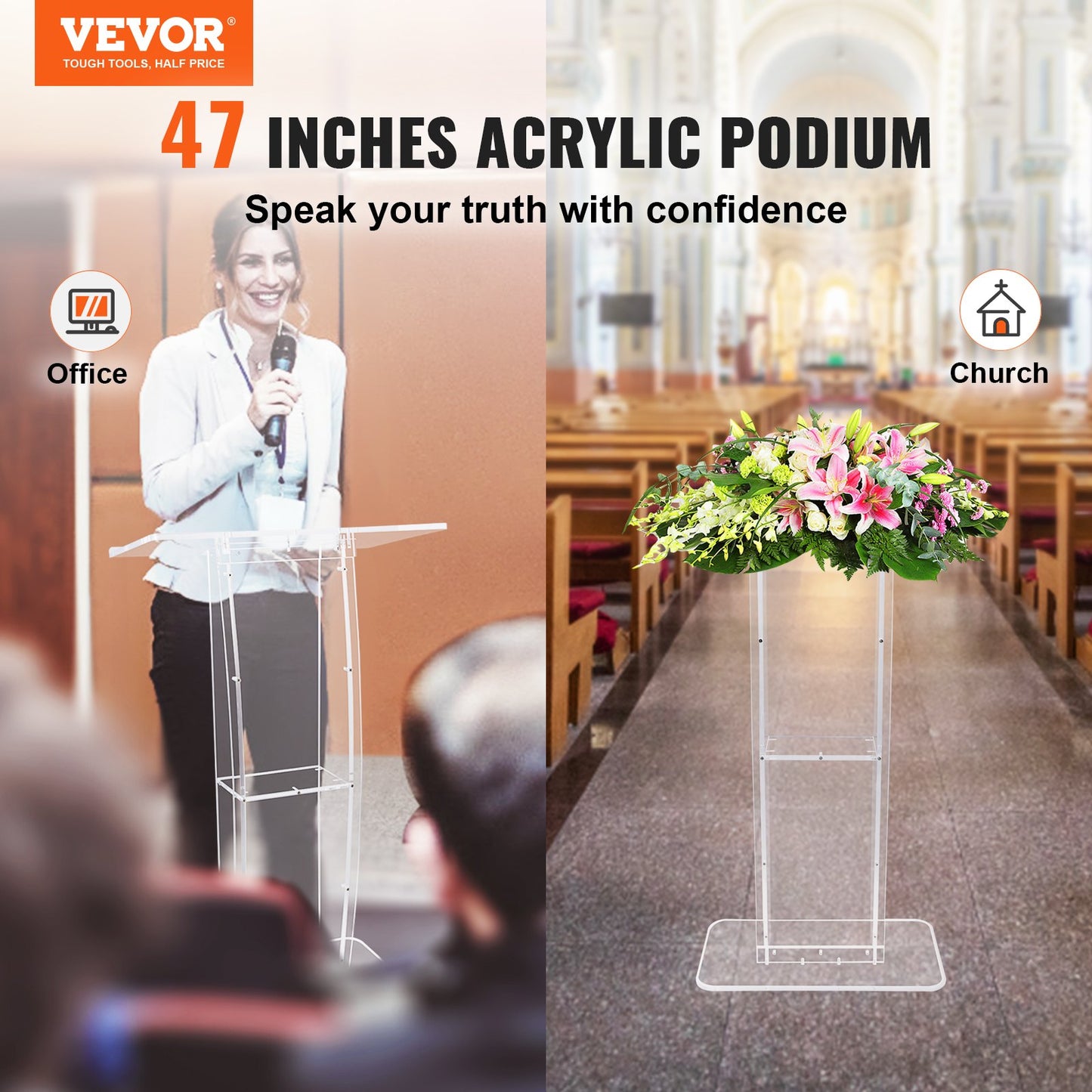 VEVOR Acrylic Podium, 47" Tall, Clear Acrylic Podium Stand with Wide Reading Surface