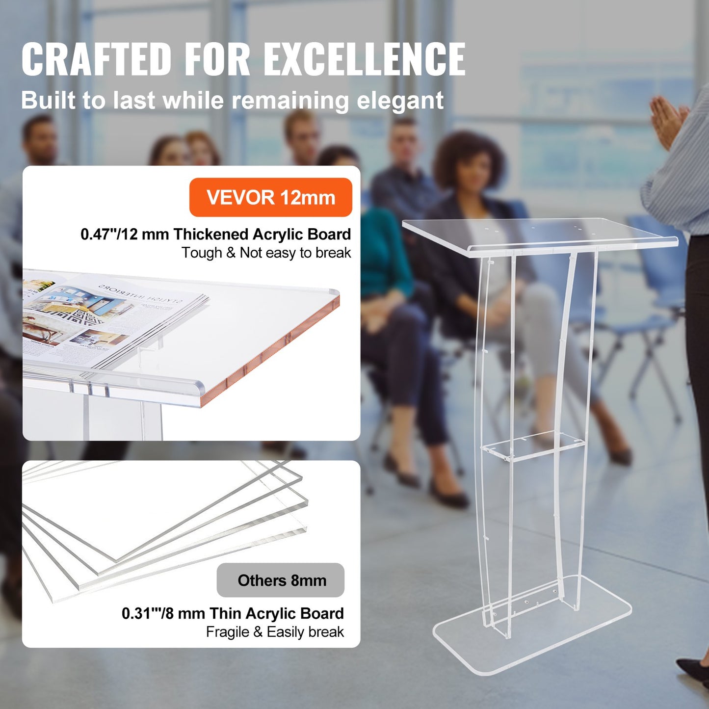VEVOR Acrylic Podium, 47" Tall, Clear Acrylic Podium Stand with Wide Reading Surface