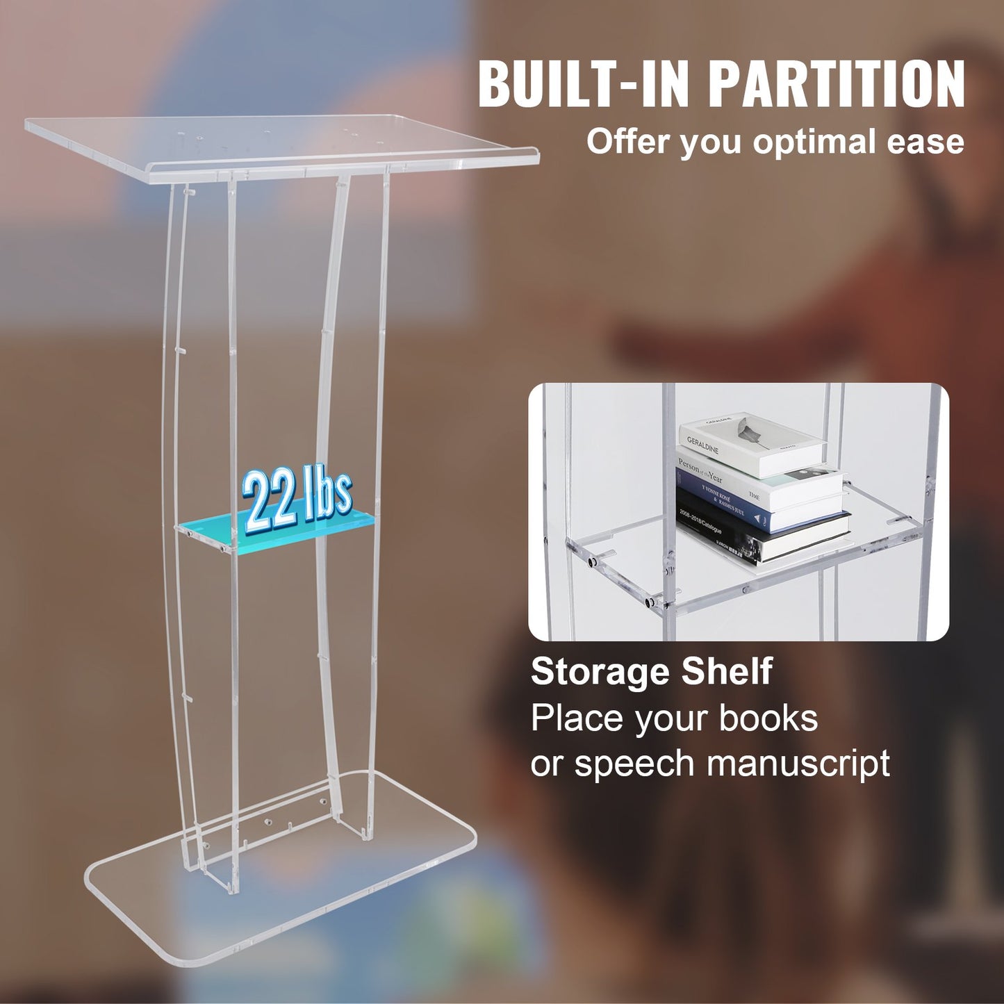 VEVOR Acrylic Podium, 47" Tall, Clear Acrylic Podium Stand with Wide Reading Surface