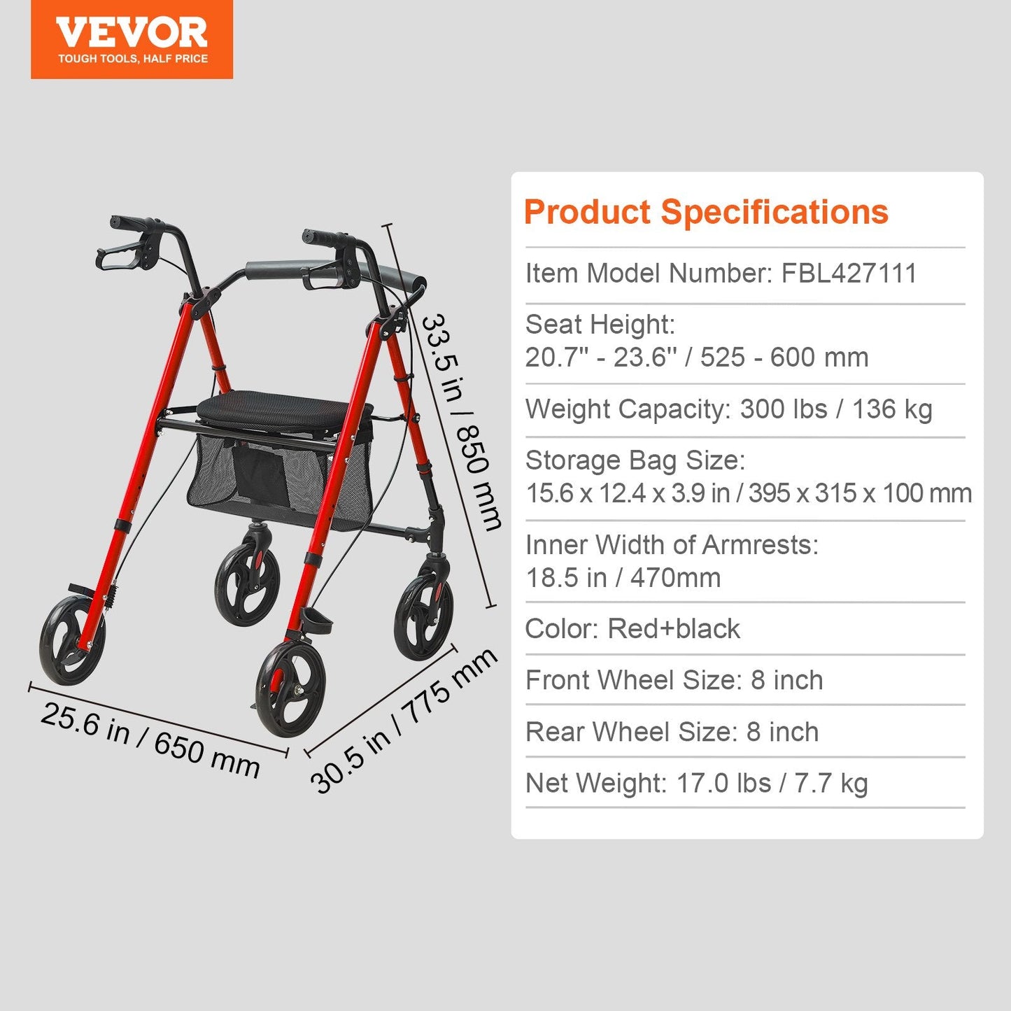 Lightweight Aluminum Rollator Walker with Adjustable Seat & 8" Wheels, 136 kg Capacity