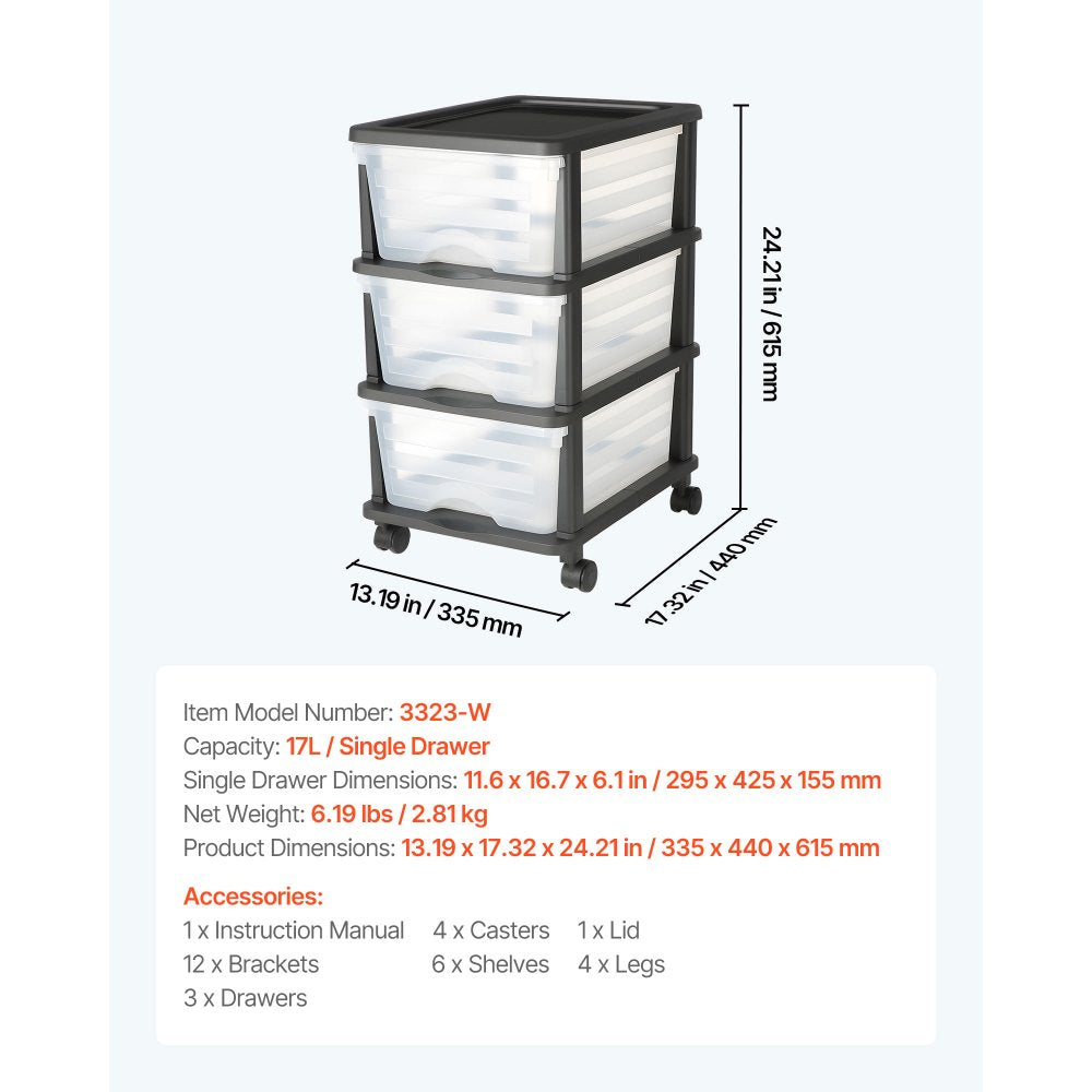 Plastic Storage Drawers Cart 3 Drawers Rolling Storage Organizer w/ Wheels