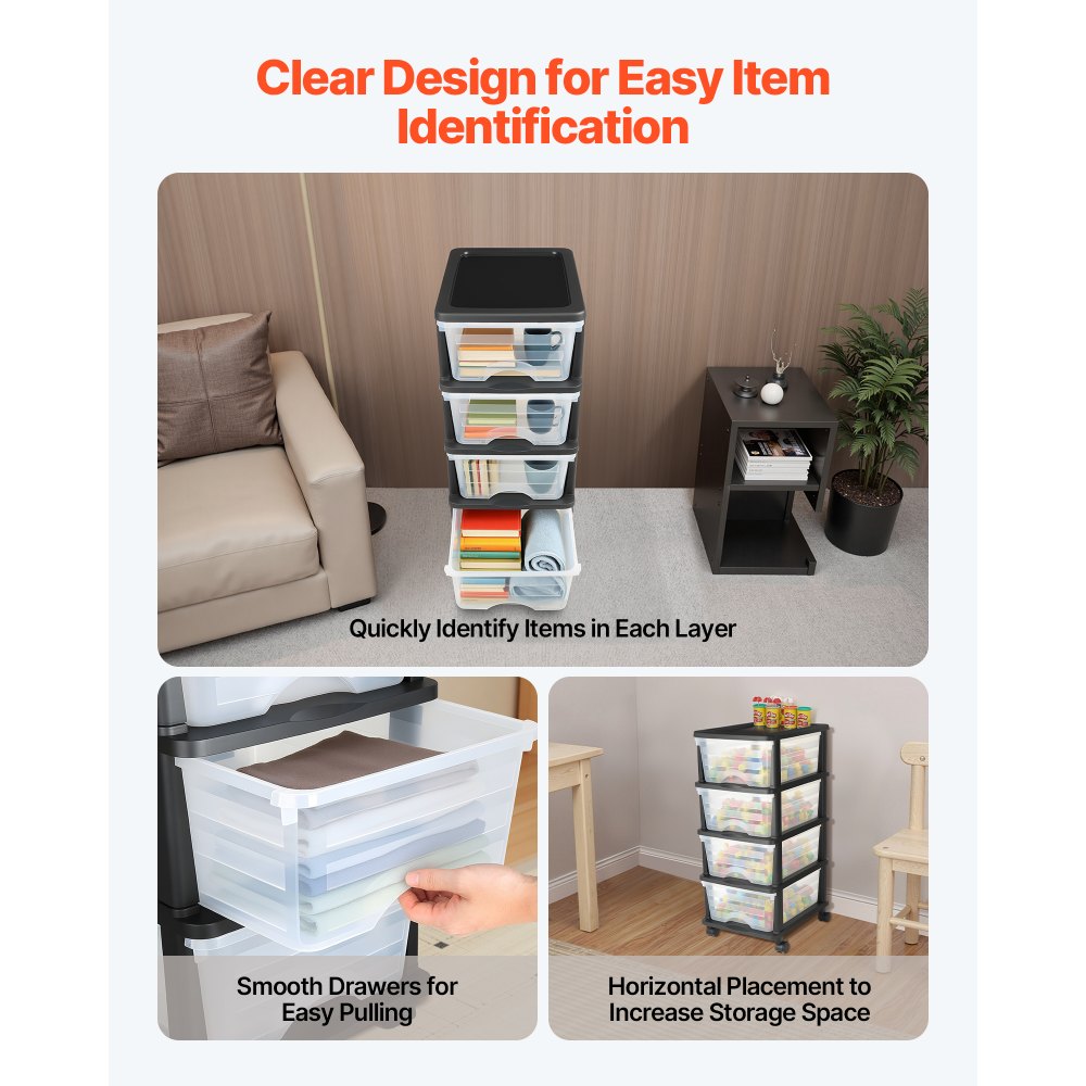 Plastic Storage Drawers Cart 4 Drawers Rolling Storage Organizer w/ Wheels