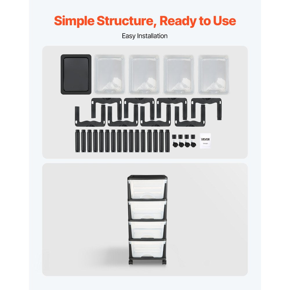Plastic Storage Drawers Cart 4 Drawers Rolling Storage Organizer w/ Wheels