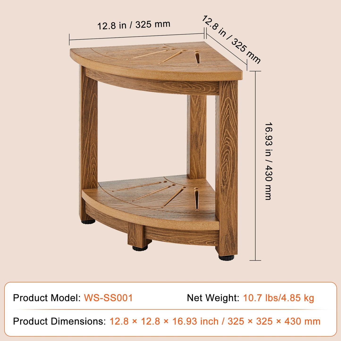 VEVOR Corner Shower Bench, 16.5" Height 12.8" Radius, Faux Wood Grain Polystyrene,
