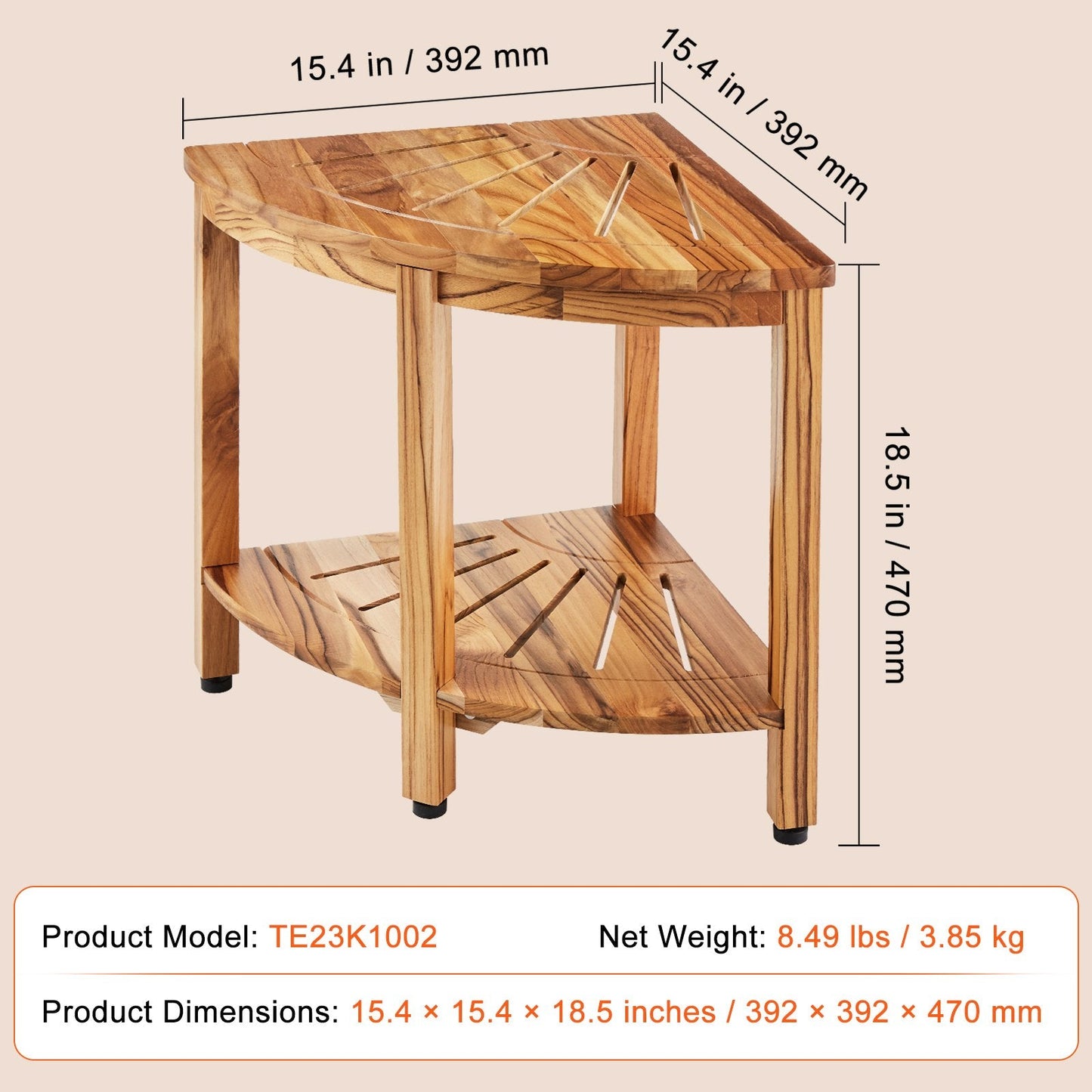 Corner Teak Shower Bench with Storage Shelf - 47cm Height, 39cm Radius, 3.85kg