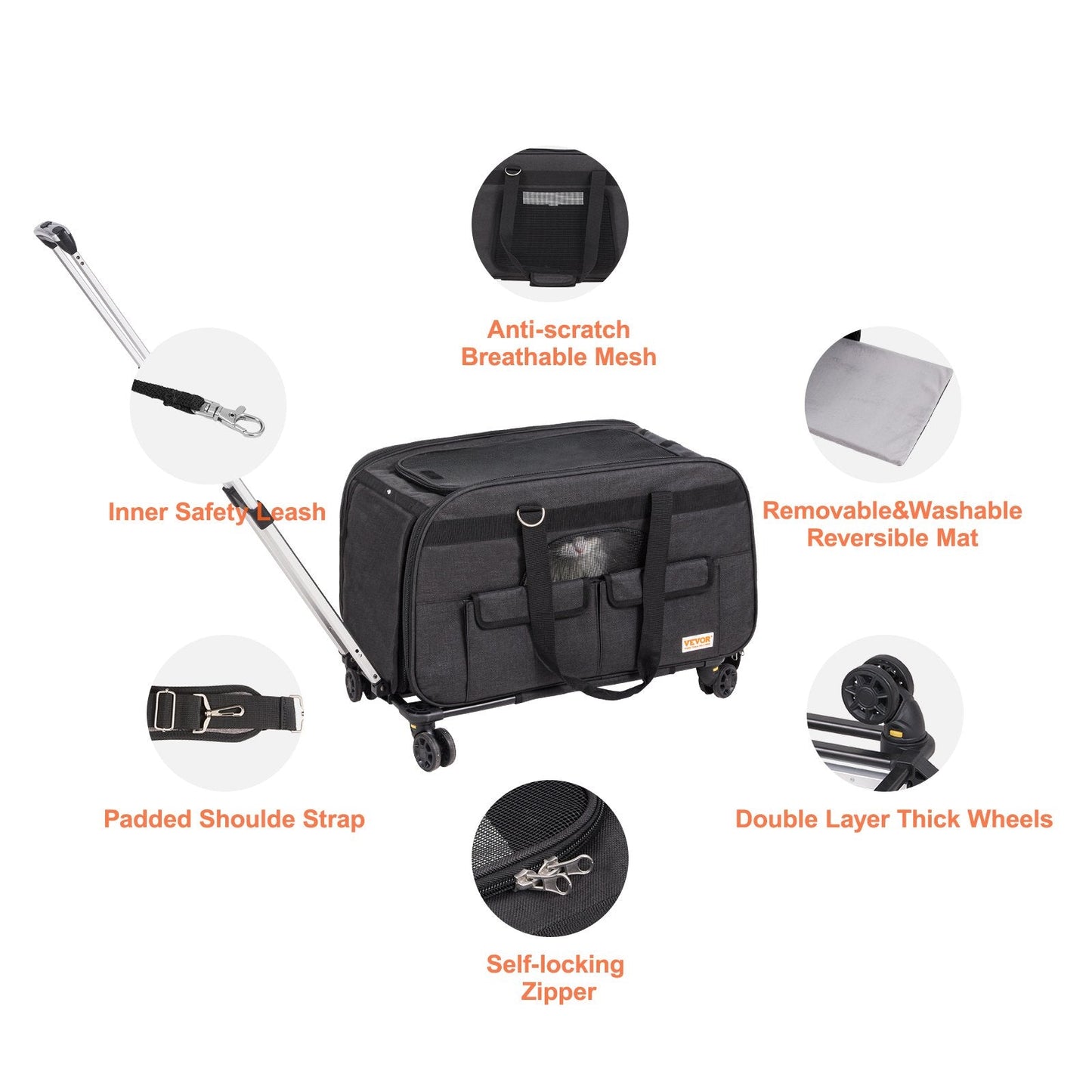 Rolling Pet Carrier with Wheels and Handle, Black, 15.8 kg Capacity