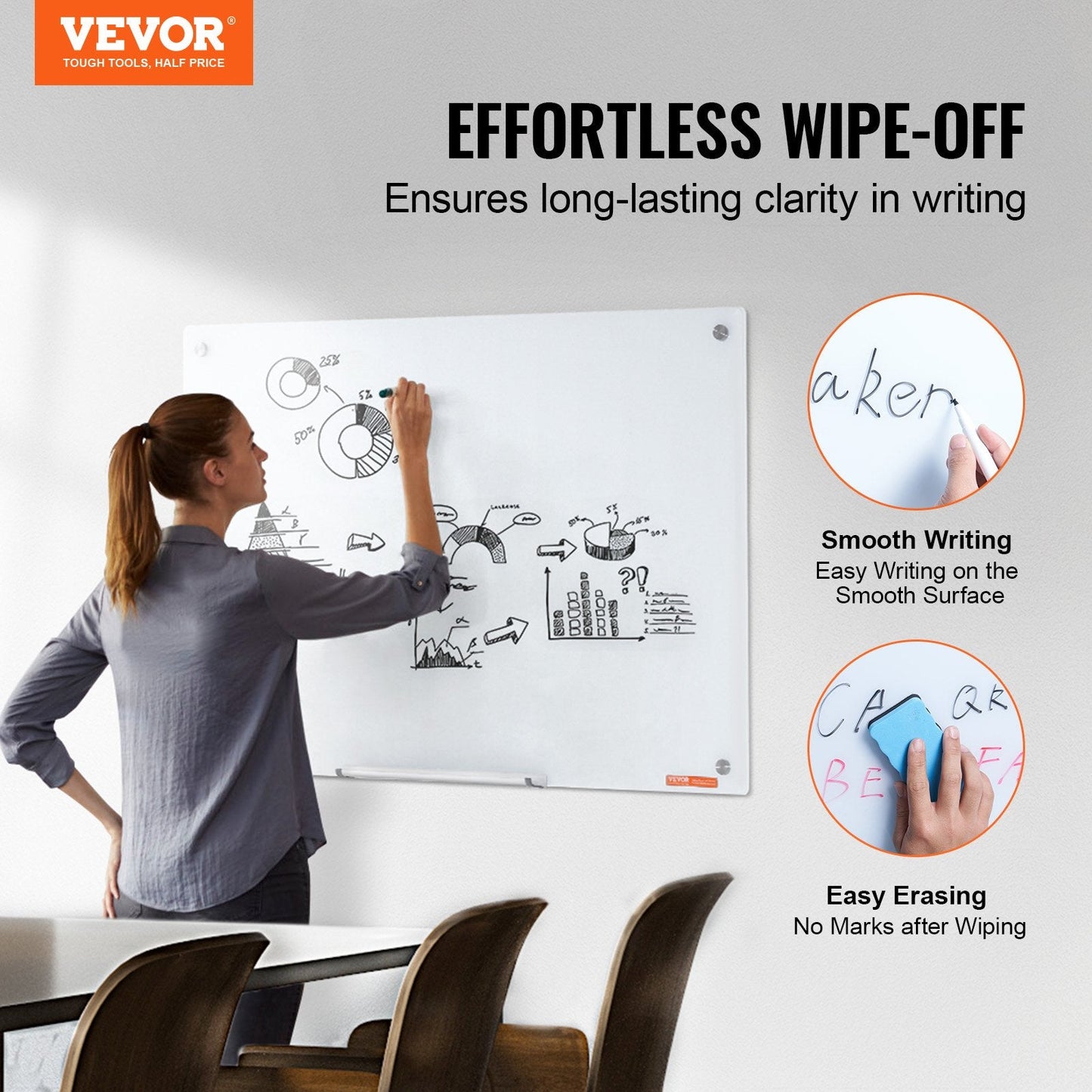 Magnetic Glass Whiteboard, 0.6x0.9m Frameless Dry Erase Board with Tray & Markers