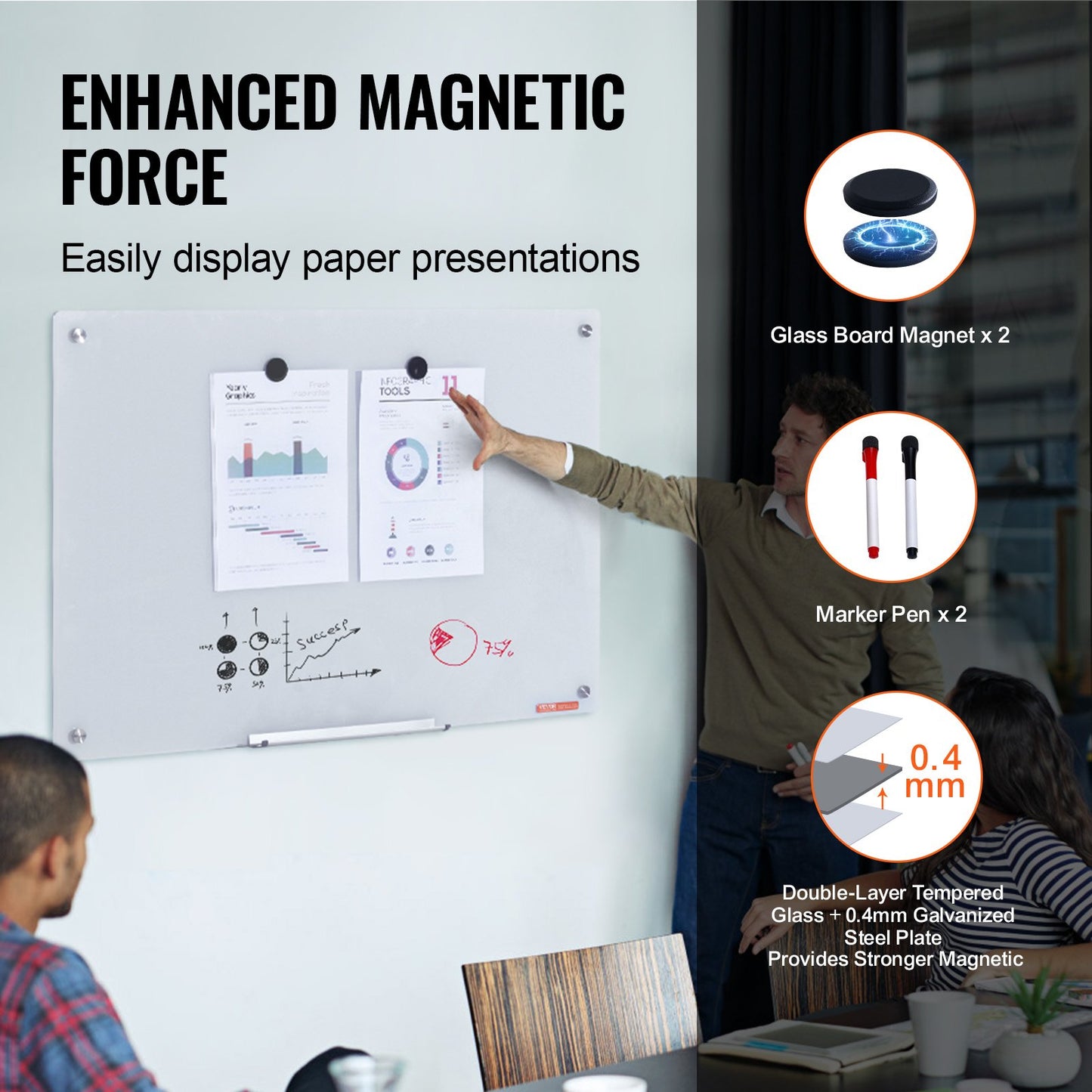 VEVOR Magnetic Glass Whiteboard, Dry Erase Board 36"x24", Wall-Mounted Large White