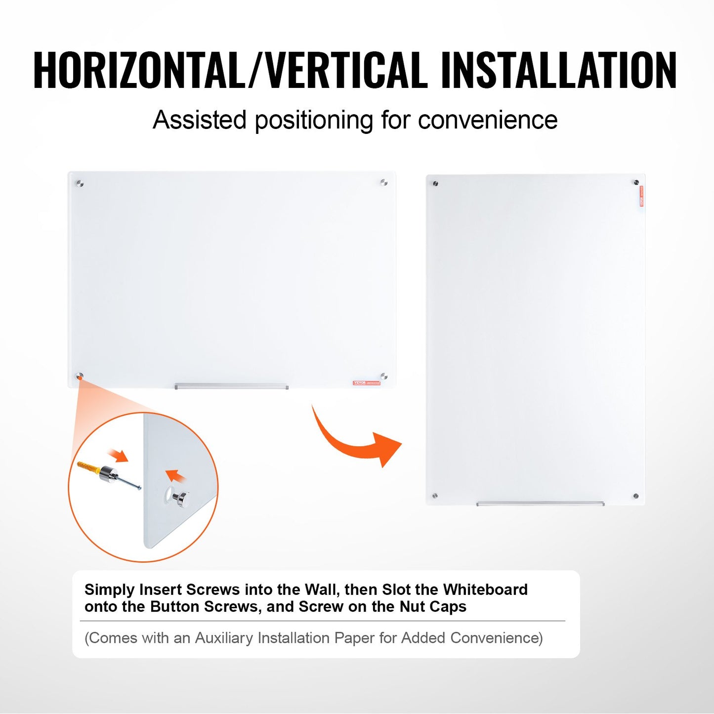 VEVOR Magnetic Glass Whiteboard, Dry Erase Board 36"x24", Wall-Mounted Large White