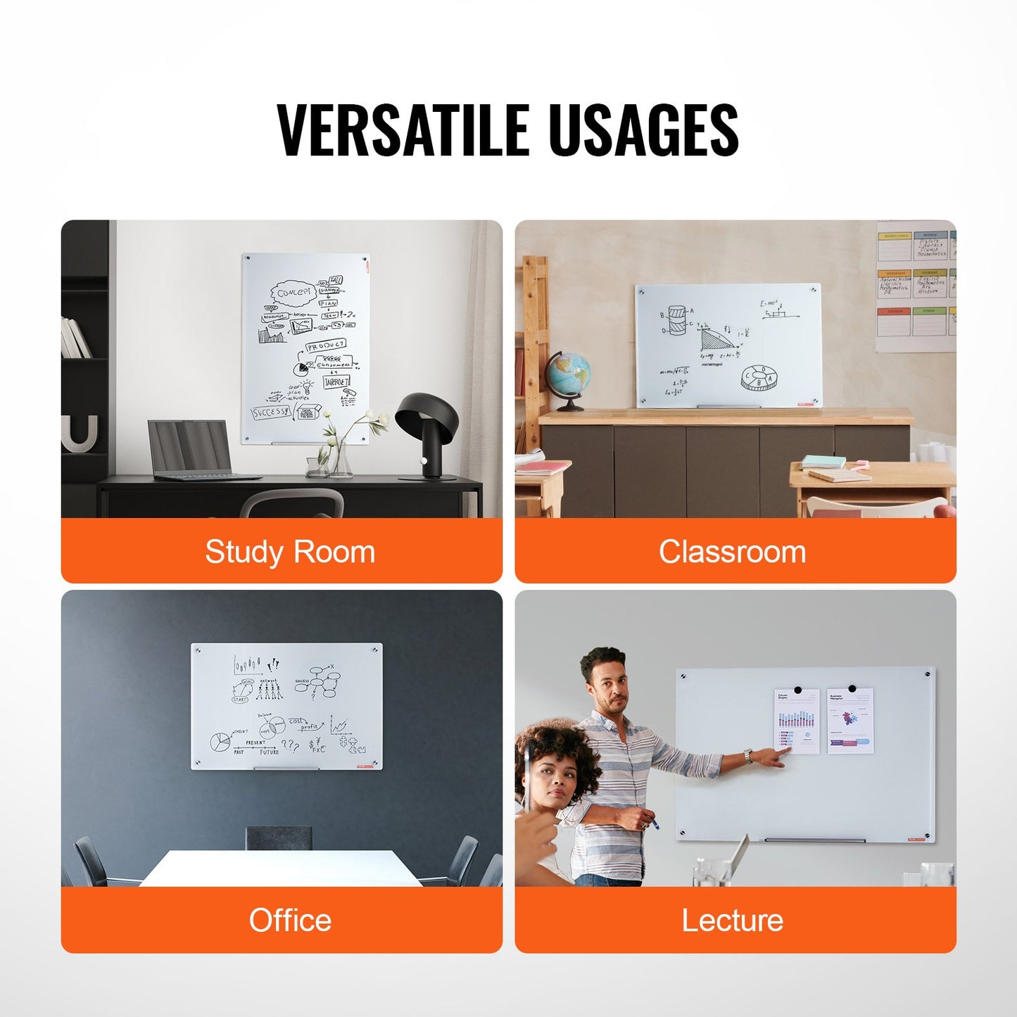 VEVOR Magnetic Glass Whiteboard, Dry Erase Board 36"x24", Wall-Mounted Large White