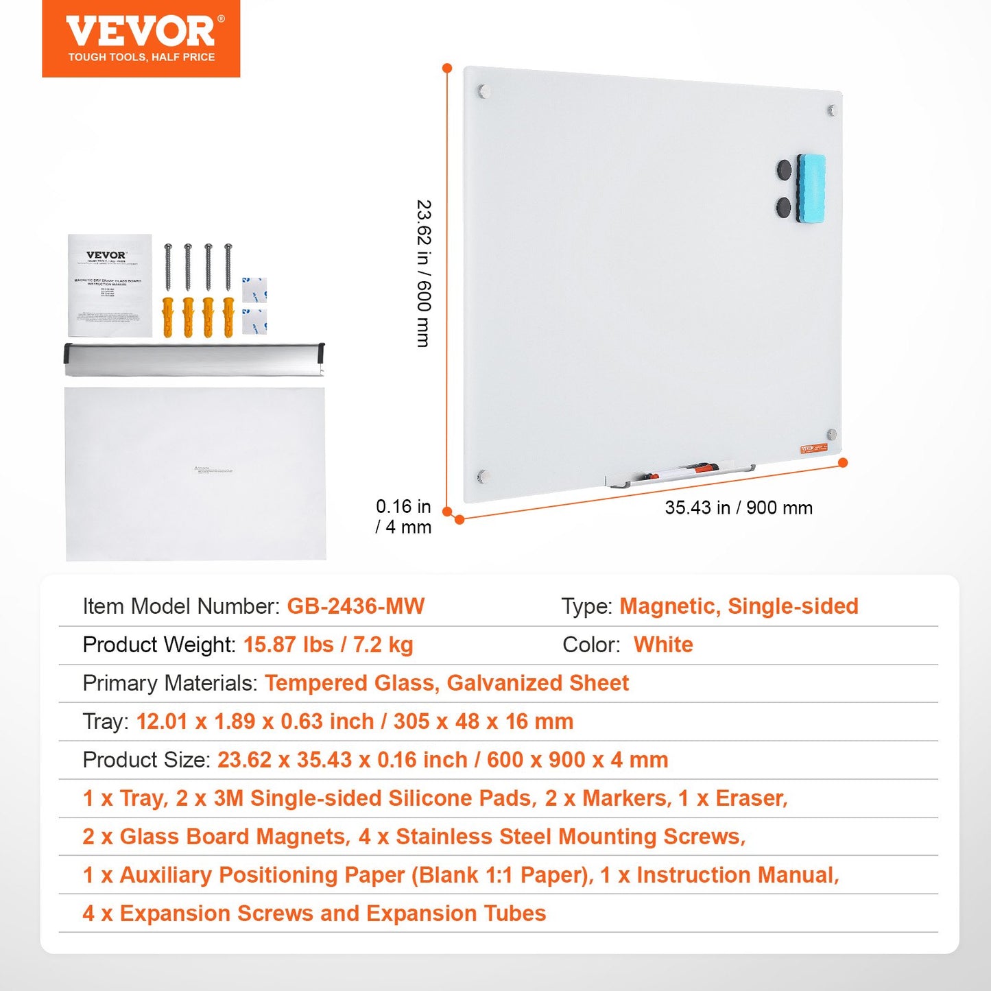 VEVOR Magnetic Glass Whiteboard, Dry Erase Board 36"x24", Wall-Mounted Large White