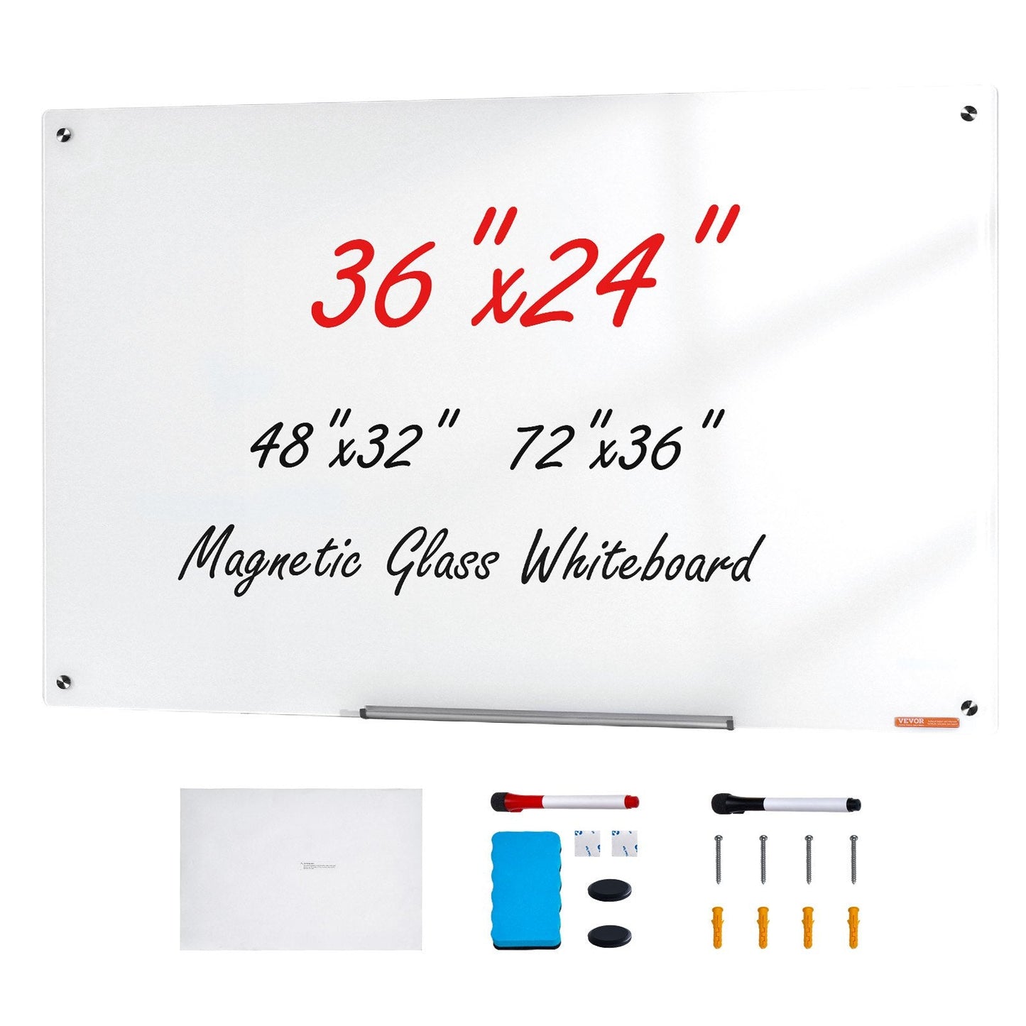 Magnetic Glass Whiteboard, 0.6x0.9m Frameless Dry Erase Board with Tray & Markers