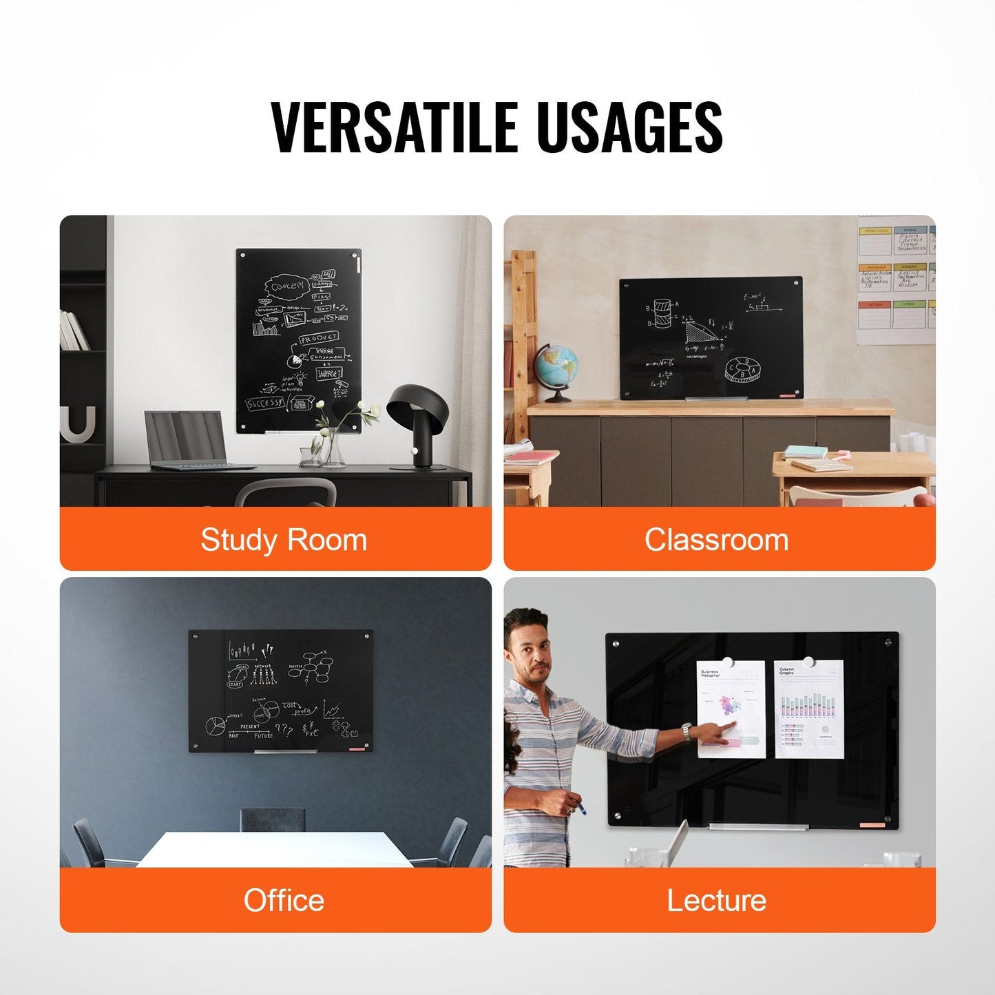 Magnetic Glass Dry Erase Board, 0.9x0.6m, Wall-Mounted, Frameless, Black