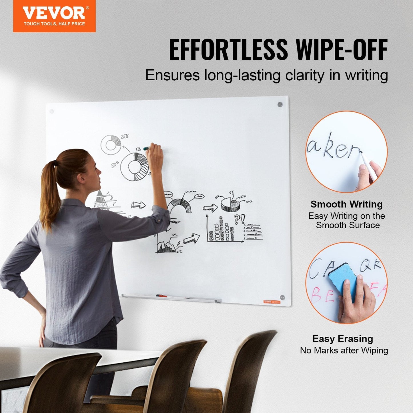 Magnetic Glass Dry Erase Board, 1.2x0.8m, Frameless with Accessories
