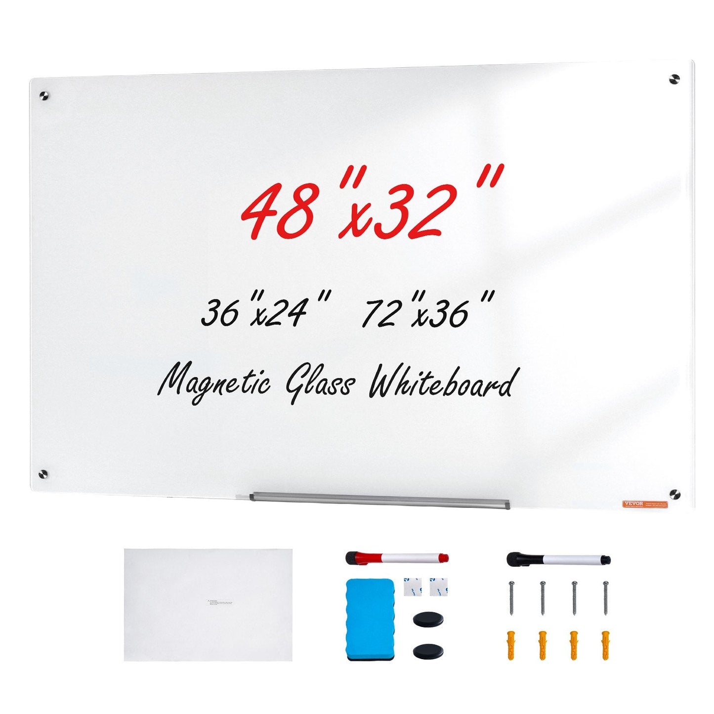 Magnetic Glass Dry Erase Board, 1.2x0.8m, Frameless with Accessories