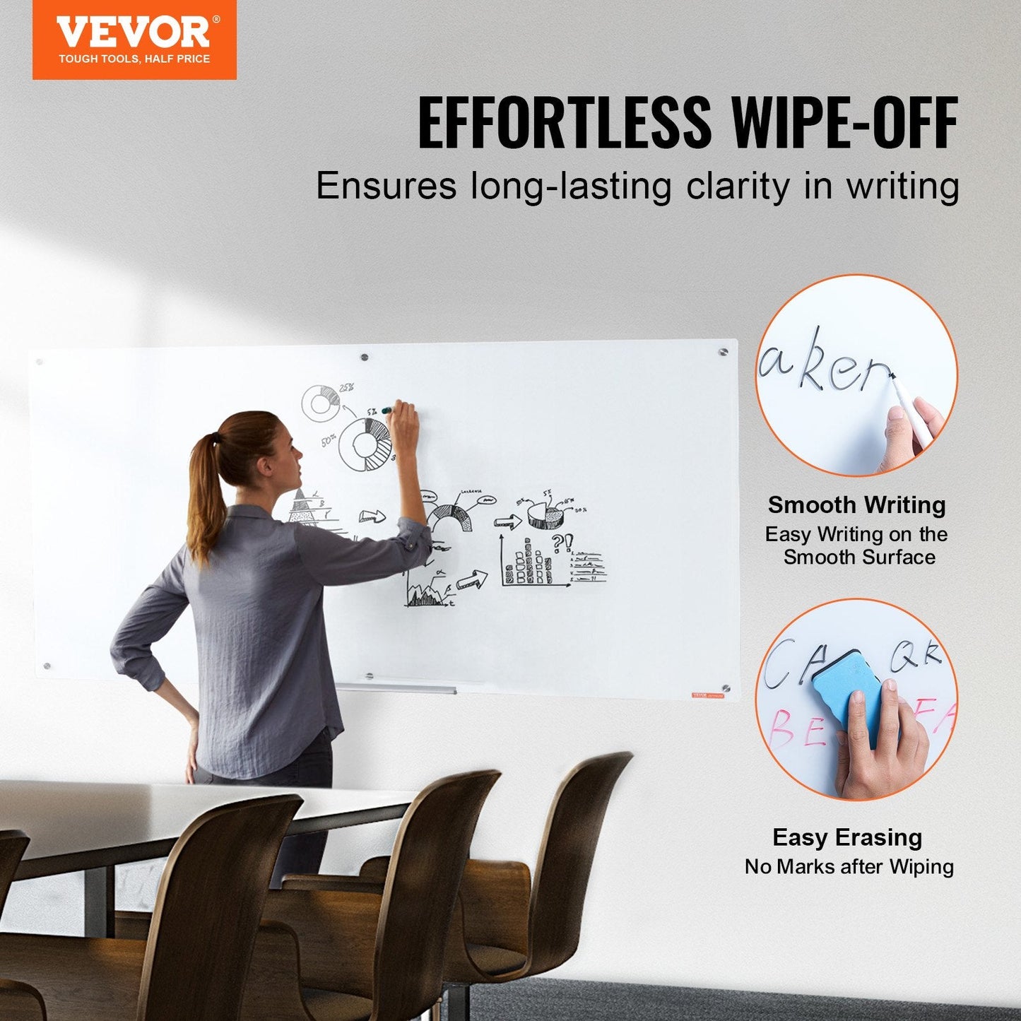 Magnetic Glass Dry Erase Board, Wall-Mounted, 1.8x0.9m, Frameless, with Accessories