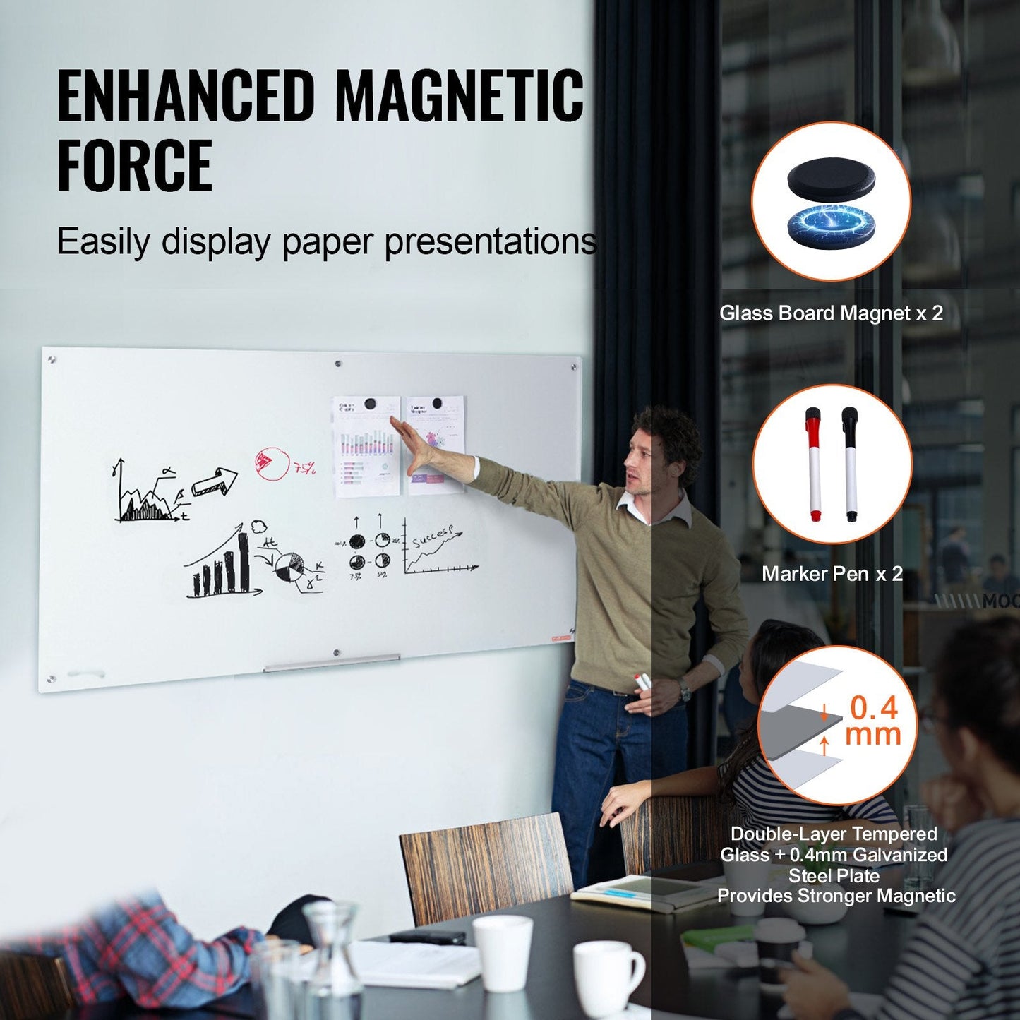 Magnetic Glass Dry Erase Board, Wall-Mounted, 1.8x0.9m, Frameless, with Accessories
