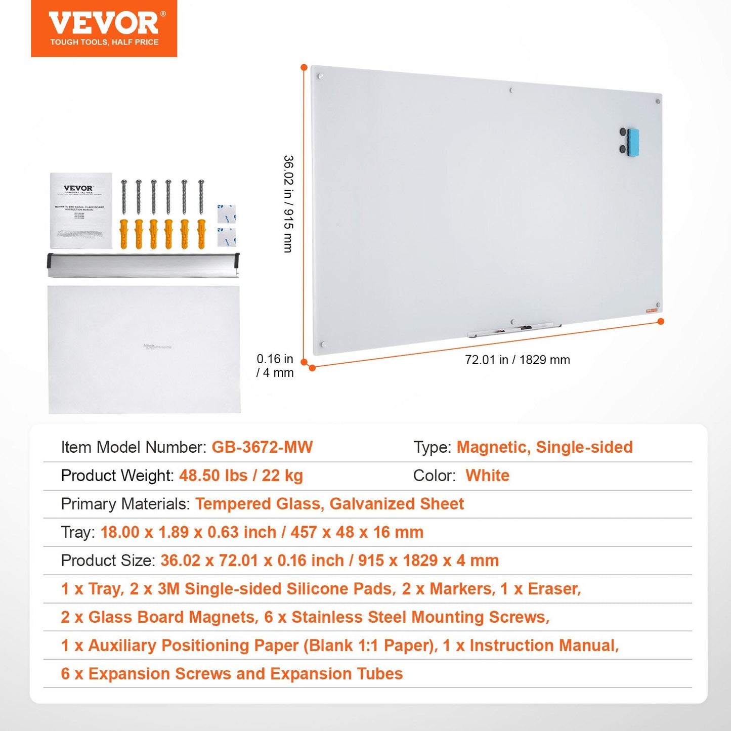 Magnetic Glass Dry Erase Board, Wall-Mounted, 1.8x0.9m, Frameless, with Accessories
